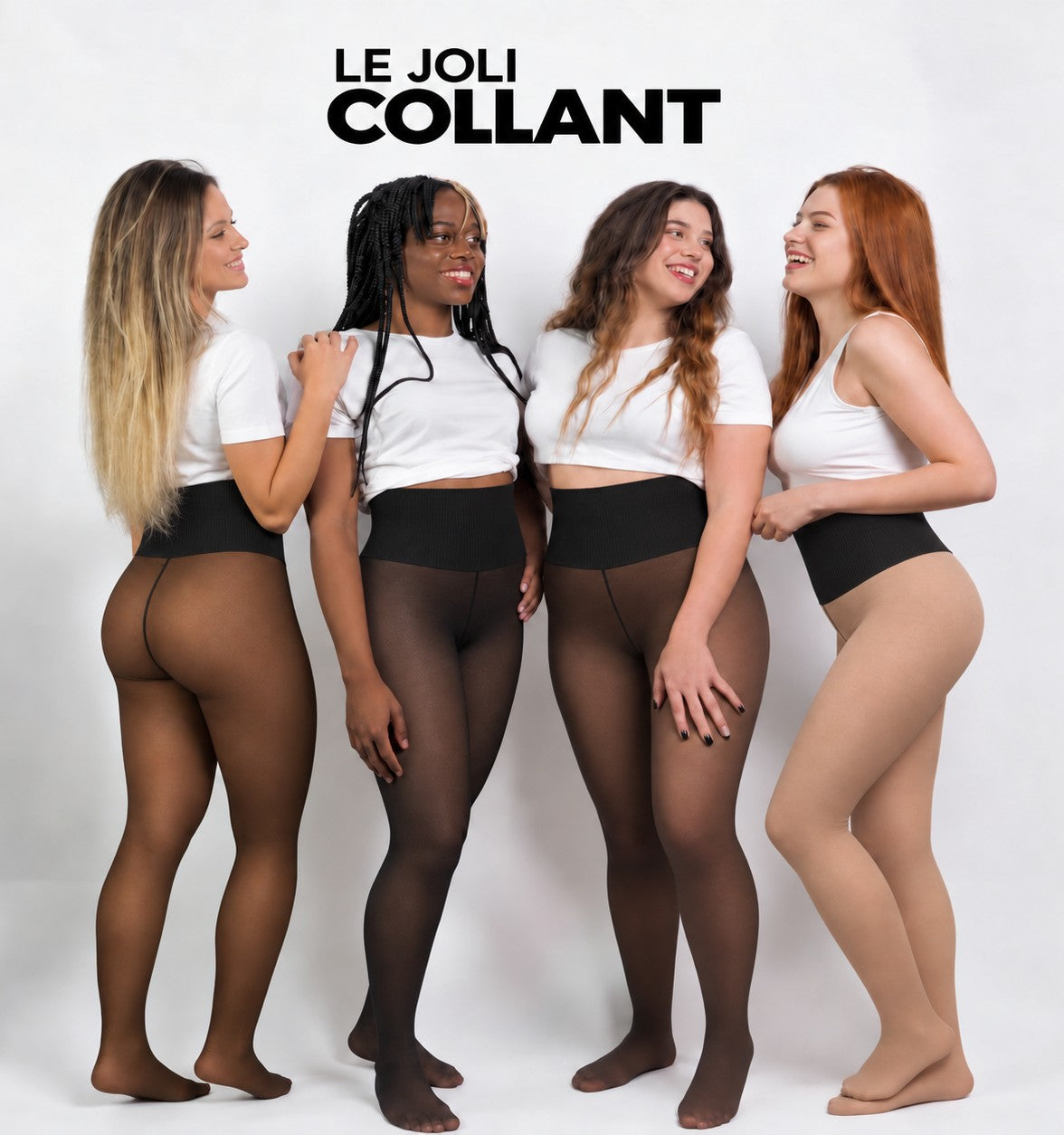 Quatre femmes portant Le Joli Collant dans quatre teintes